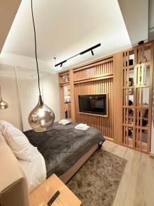 a bedroom with a large bed and a tv at Velvet Aura Suites Edessa in Edessa
