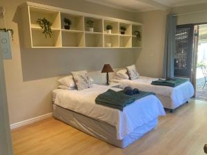 a bedroom with two beds and shelves with plants at Cozy garden Guest Suite in charming Claremont in Cape Town