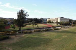 a park with trees and a building in the background at Bai Ji Yi B&B in Hengchun