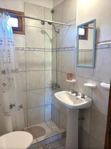 a bathroom with a sink and a shower and a toilet at Departamento Río Blanco - muy cerca del Lago Lezana in Cholila
