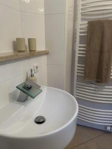 a white bathroom with a sink and a shower at 2 Personen Appartement Sonnental in Greiling