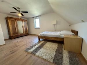 Un dormitorio con una cama y un ventilador de techo. en Haus Strack, en Schwalmstadt