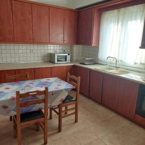 a kitchen with a table and chairs and a microwave at Paikos Townhouse, Hot Springs in Konstantía
