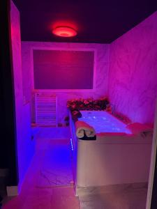 une pièce avec une baignoire avec une lumière violette dans l'établissement Logements jacuzzi silencieux, à Deuil-la-Barre