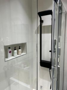 a bathroom with a glass shower stall with a mirror at Japandi Home in Niš +37 photos