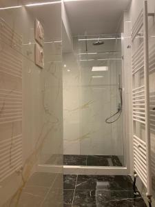 a bathroom with a shower with a glass door at Rodolithos Beach in Stavros