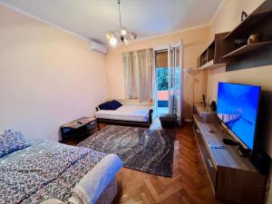 a bedroom with a bed and a flat screen tv at Center Square in Podgorica