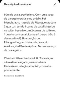 a screenshot of a cell phone screenshot of a text message at 50 m do mar, 3 dorm, sacada com vista mar, pitangueiras, vaga de garagem, Pet friendly, berço in Guarujá