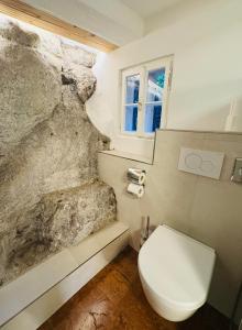 a bathroom with a white toilet and a rock wall at APT. STONE-LODGE in Salzburg +110 photos