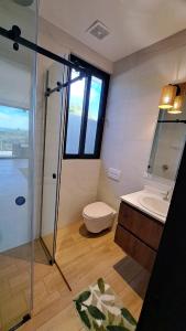 a bathroom with a shower and a toilet and a sink at Casa Bonita at Hermosa Bay in Boca Chica