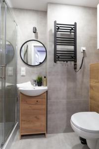 łazienka z umywalką i lustrem w obiekcie Flow Apartments - przy Mariackiej w mieście Katowice +45 zdjęć