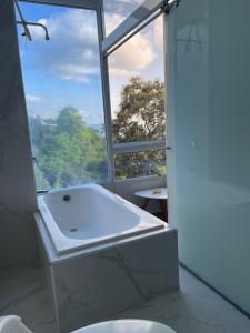 a bathroom with a tub and a large window at Luxury85 Blue in Bucaramanga +7 photos