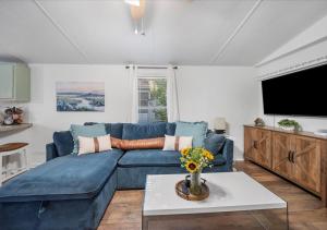 ein Wohnzimmer mit einem blauen Sofa und einem Fernseher in der Unterkunft Hot Tub, Fire pit & Pet-friendly Riverside Retreat in New Braunfels