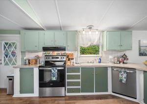 eine Küche mit grünen Schränken und einem Herd oberen Backofen in der Unterkunft Hot Tub, Fire pit & Pet-friendly Riverside Retreat in New Braunfels