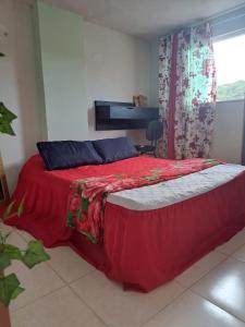 a bedroom with a large bed with a red blanket at Loft 11, caminho do mirante in Iguaba Grande