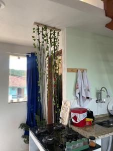 a kitchen with a stove and a counter top at Loft 11, caminho do mirante in Iguaba Grande