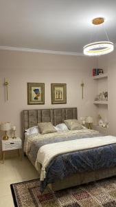 een slaapkamer met een groot bed in een kamer bij Deluxe Apartment in Fier