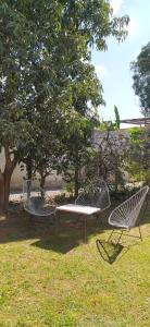three chairs sitting in the grass under a tree at Puñadito de Descanso B in Salta
