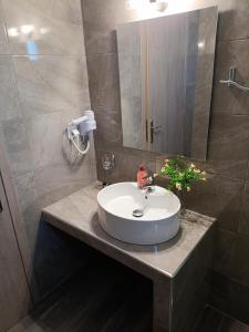 a bathroom with a white sink and a mirror at Verginia Studios in Korinós