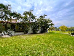 a house with a green yard with palm trees at Casa En Campo de Golf, Lomas de Cocoyoc in Texcalpan