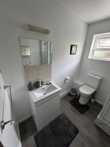 ein weißes Badezimmer mit Waschbecken und Toilette in der Unterkunft Oxford 3 Bedroom Detached House, with Large Garden and Private Parking in Kidlington + 20 Fotos