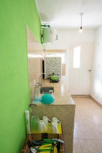 a kitchen with a sink and a green wall at Alquiler de departamentos por dia Novos Apart Catamarca in San Fernando del Valle de Catamarca +20 photos