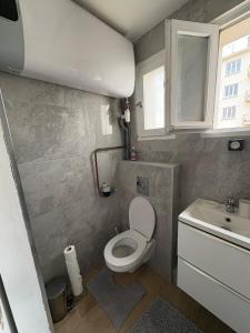 Un baño pequeño con inodoro y lavabo. en Charmant T2 rénové, en Lyon
