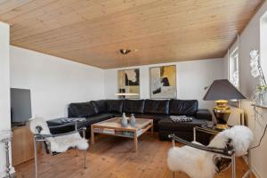 HarboørにあるCozy Holiday Home In Harboøreの黒いソファと木製の天井のあるリビングルーム