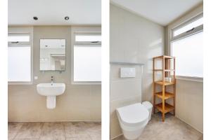 two pictures of a bathroom with a sink and a toilet at Huisje 118 bungalowpark Simpelveld in Simpelveld +42 photos