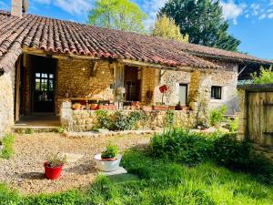a small stone house with a yard with potted plants at Le Mas Brantôme in Brantôme