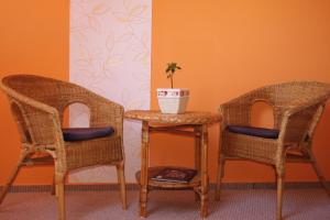 two wicker chairs and a table with a potted plant at Bors Apartman Szeged in Szeged
