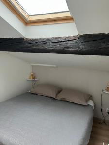 a bedroom with a bed with a skylight at La Tour Ronde in Grézieu-la-Varenne