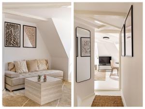 a living room with a couch and a mirror at Sanders Admiral - Cosy 1-Bdr Apt in Copenhagen