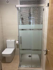 a bathroom with a glass shower with a toilet at Apartamento Casablanca in Potes +21 photos