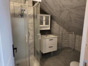 a bathroom with a sink and a glass shower at Appartement cosy en ville avec 2 places de parking privées intérieur in Beuvrages