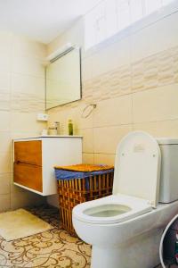 a bathroom with a toilet and a sink and a mirror at Sands Beach Villa Flic en Flac in Flic-en-Flac +24 photos