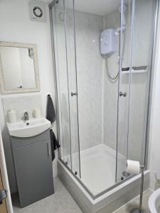 a bathroom with a shower and a sink at Hidden Putney-Studio Flat in London