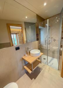 a bathroom with a sink and a shower at Evoluzioni - Agriturismo in Prunetto