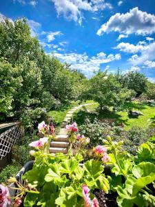 a garden with stairs and flowers on a sunny day at Relais Golf et Champagne in Villers-Agron-Aiguizy