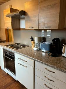 eine Küche mit weißen Schränken und einem Herd mit Backofen in der Unterkunft Ferienwohnung Monteurswohnung für 1 bis 8 Personen in Diebach