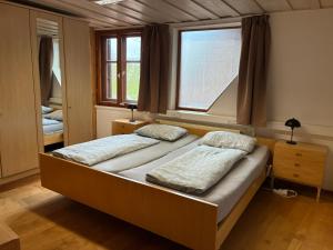 zwei Betten in einem Zimmer mit zwei Fenstern in der Unterkunft Ferienwohnung Monteurswohnung für 1 bis 8 Personen in Diebach