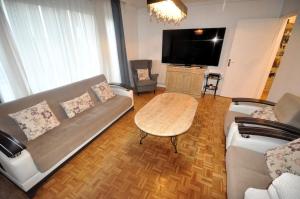 パリにあるSpacious, Bright Apartment with Private Parkingのソファとテーブルとテレビのあるリビングルーム