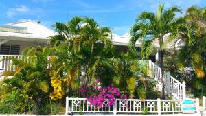 une clôture blanche devant une maison ornée de palmiers et de fleurs dans l'établissement Antilles Liberte, à Sainte-Anne