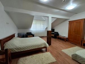 a bedroom with a bed and a living room at Pensiunea TOTAL Ceahlau in Ceahlău
