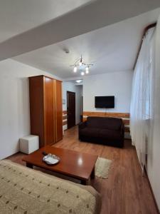 a living room with a couch and a table at Pensiunea TOTAL Ceahlau in Ceahlău