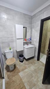 a bathroom with a toilet and a sink and a mirror at Appartement Nador in Nador