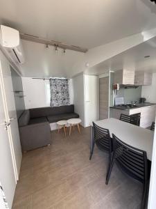 塞里尼昂Mobil Home SIBLU VALRAS PLAGE的一间厨房和一间带桌椅的客厅