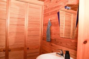 a bathroom with a sink and a wooden wall at Holzhaus Hubertus mit Sauna und Kamin in Meschede +37 photos