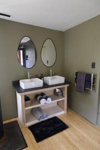 a bathroom with two sinks and two mirrors at Skaam Cabin Luxe Hideaway with a Naughty Side in Wolseley +36 photos