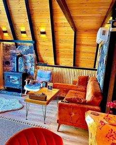a living room with a couch and a wood stove at Mirana Bungalov in Ardeşen
